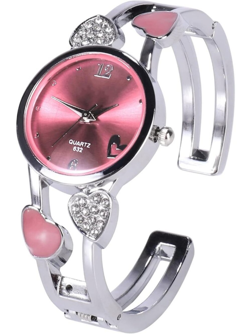 Women's Pink Quartz with Rhinestone Round Dial Stainless Steel Band Cuff Watch - Picture 5 of 7